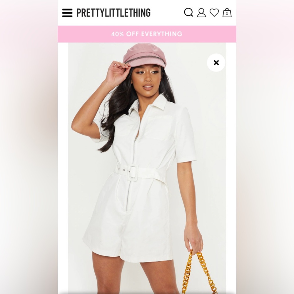 Pretty Little Thing White Belted Boiler Playsuit - size 8
